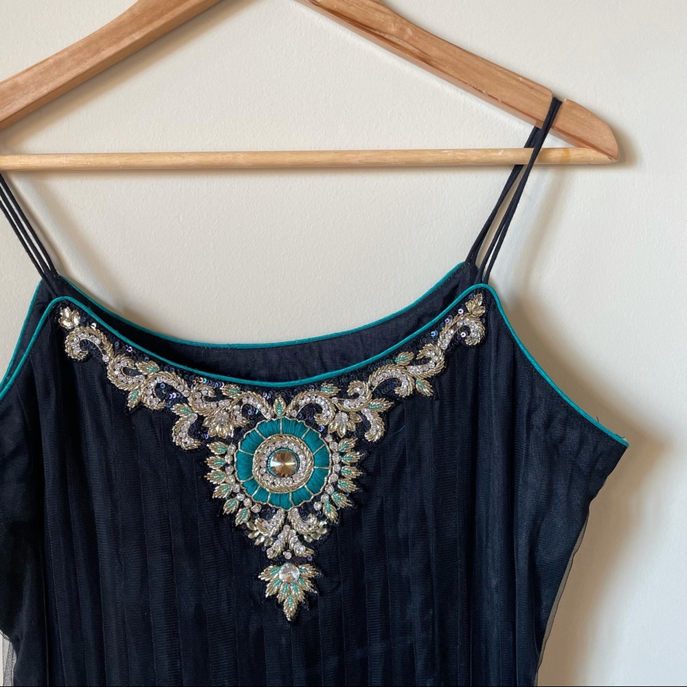 Dress, Embroidered, Tulle, Black & Blue, Made in India